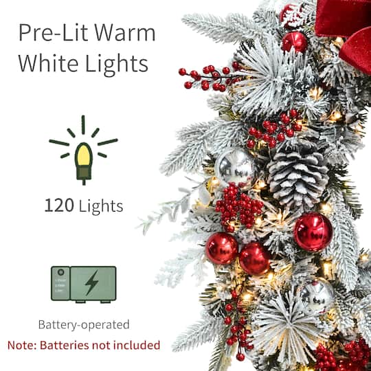 Puleo International 32" Pre-Lit Red Ornaments & Pinecones Flocked Artificial Christmas Wreath